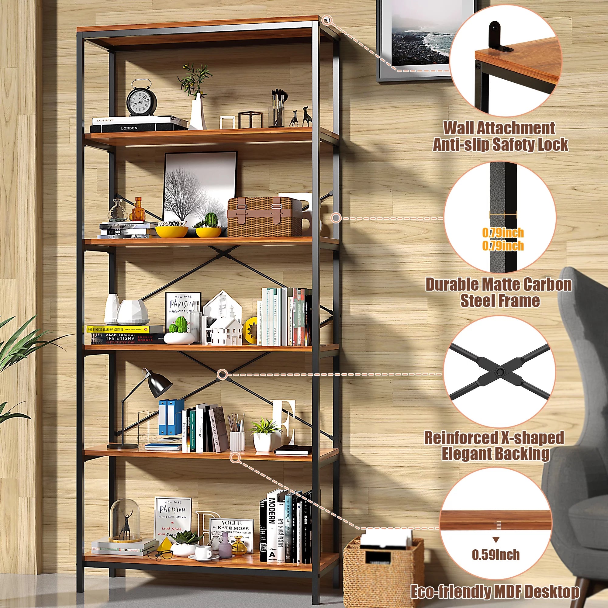 5-Tier Tall Bookcase, Rustic Wood and Metal Open Shelf Unit P380