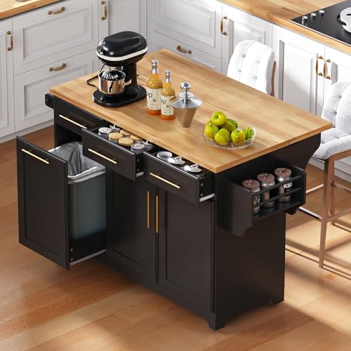 Farmhouse Kitchen Island with Drop Leaf, Barn Door and Wheels O34026
