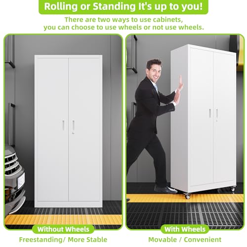 Metal Storage Cabinet with Wheels, 73" H, Locking Doors and Adjustable Shelves C8462