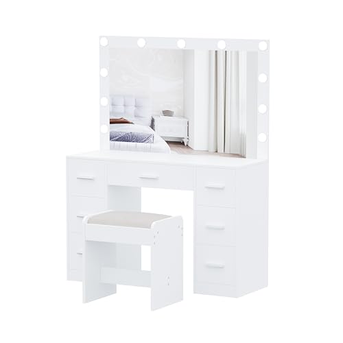 Vanity Desk with Stool, Lighted Mirror, 3 Color Modes, Adjustable Brightness, Drawers, White S703720