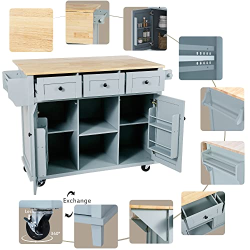 Large Kitchen Island with Drop Leaf, Rolling Cart, Power Outlet R822