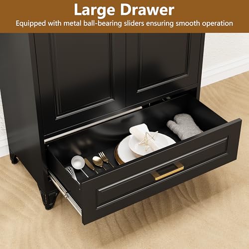 Tall Kitchen Storage Cabinet with Doors and Adjustable Shelves, Black Freestanding Cupboard X34021