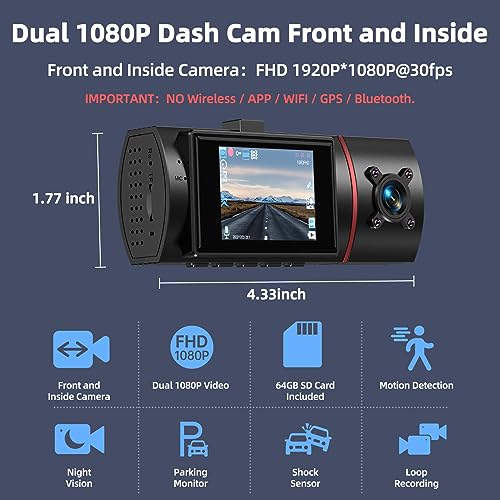3 Channel Dash Cam Front Rear Inside, 2.5K WiFi, 64GB Card, IR Night Vision B335696