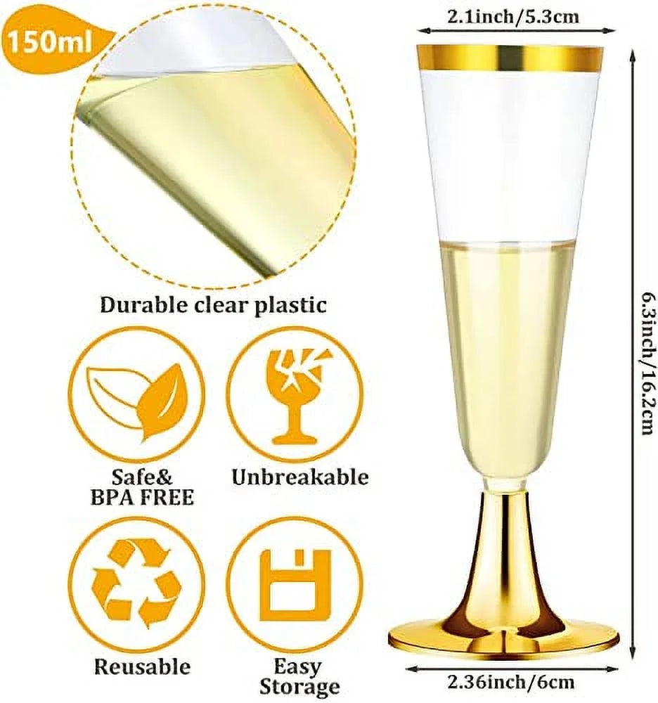 30 Pcs Plastic Champagne Flutes, 150ml Gold Stemmed Party Cups H521349