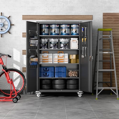 Metal Storage Cabinet with Wheels, 73" H, Locking Doors and Adjustable Shelves C8462