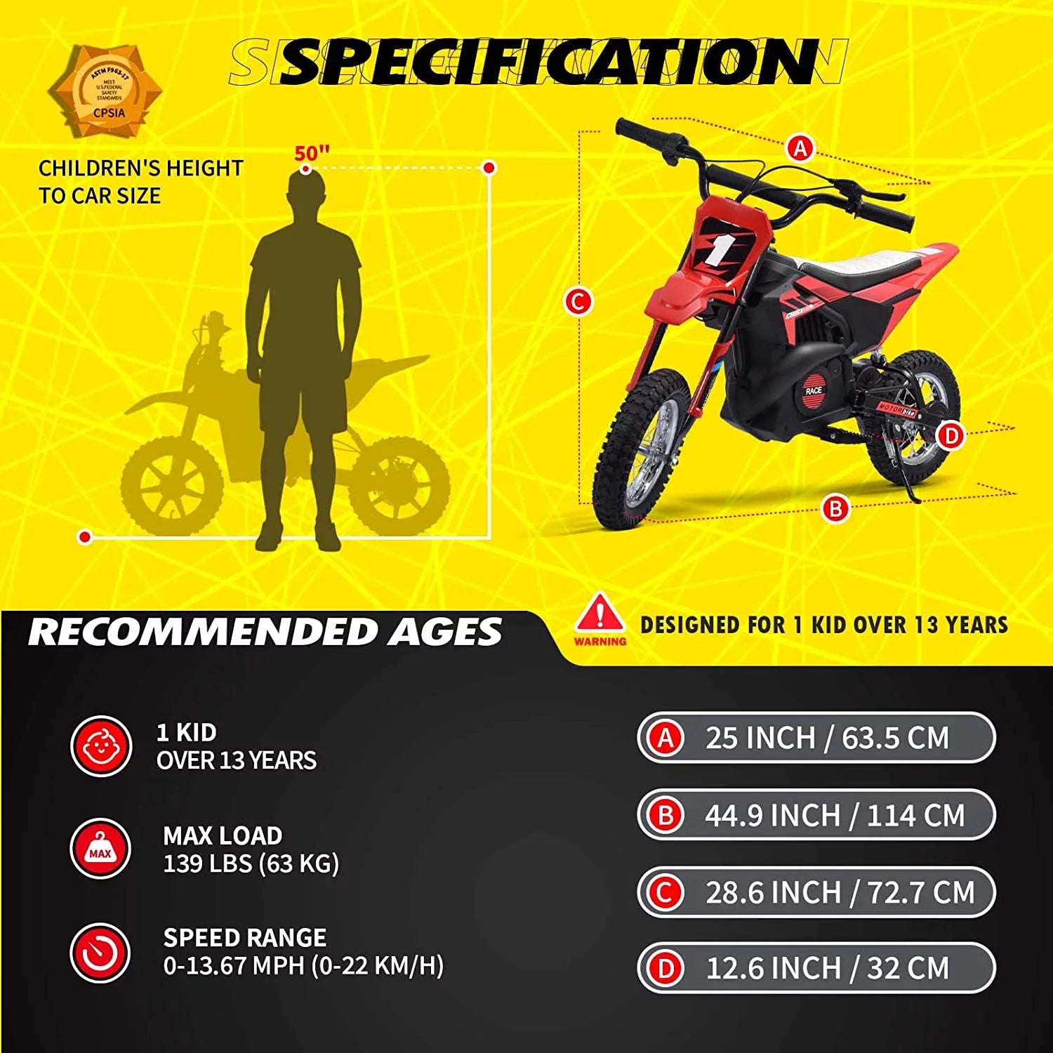 Kids Electric Dirt Bike 250W Off-Road for Ages 13+ J57893