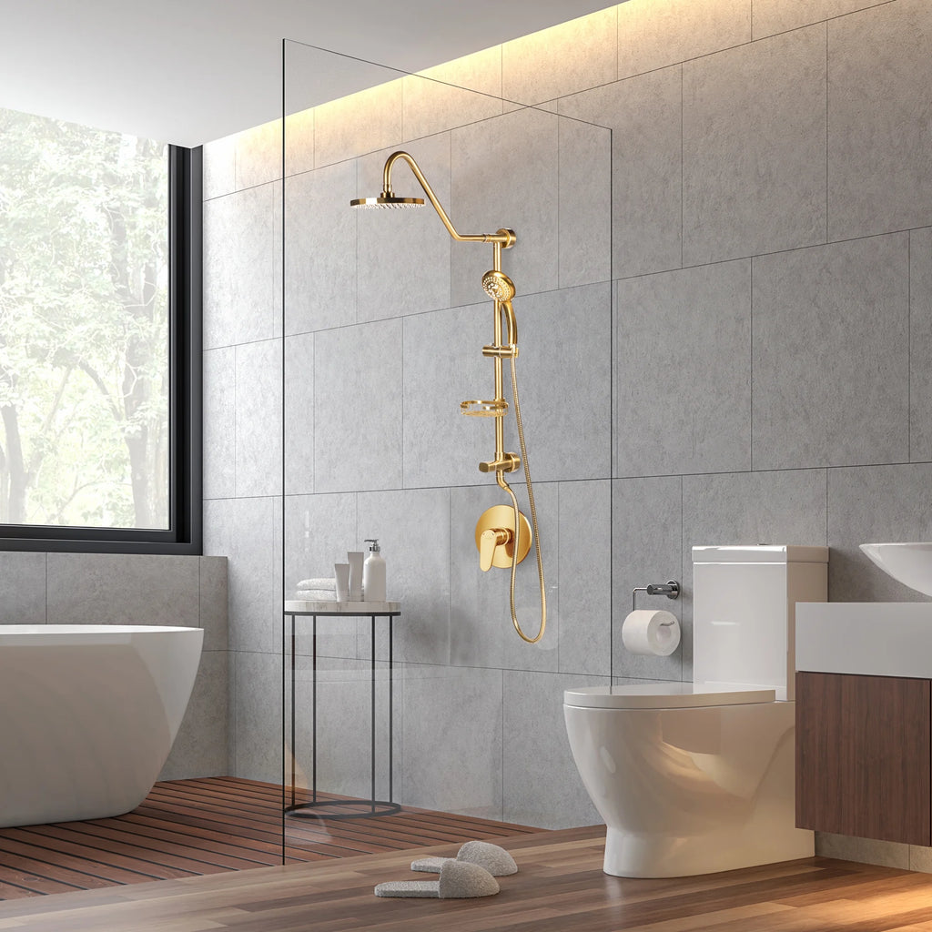 Kauai III Shower System with 8" Rain Showerhead, 5-Function Hand Shower, Adjustable Slide Bar and Soap Dish, Brushed Gold Finish H53812