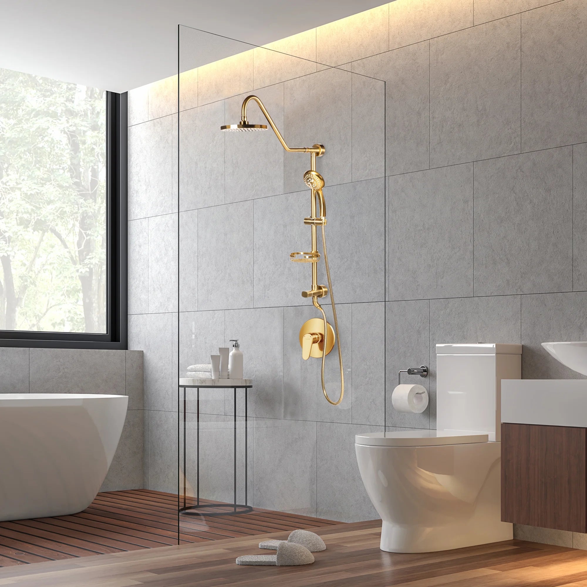 Kauai III Shower System with 8" Rain Showerhead, 5-Function Hand Shower, Adjustable Slide Bar and Soap Dish, Brushed Gold Finish H53812