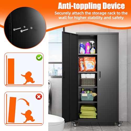 Metal Storage Cabinet with Wheels, 73" H, Locking Doors and Adjustable Shelves C8462