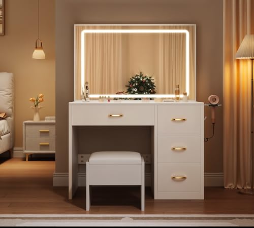 Vanity Desk Set with LED Mirror, Makeup Table with Drawers and Stool D406695