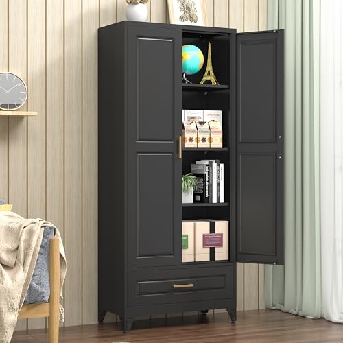 Tall Kitchen Storage Cabinet with Doors and Adjustable Shelves, Black Freestanding Cupboard X34021
