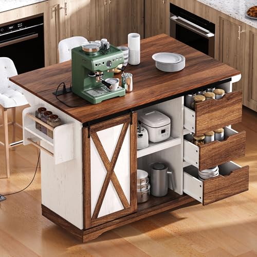 Farmhouse Kitchen Island with Drop Leaf, Barn Door and Wheels O34026