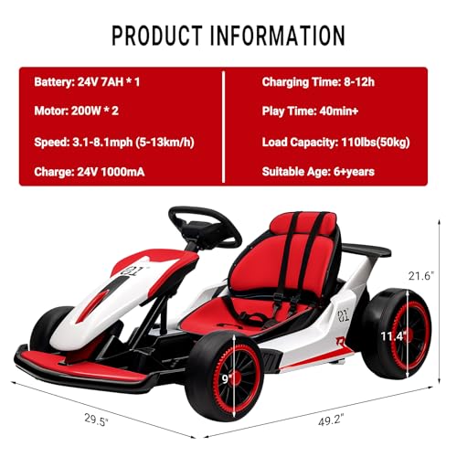 Kids Go Kart, 24V Electric Drift Car with Dual 200W Motors, 2-Speed, White B188186