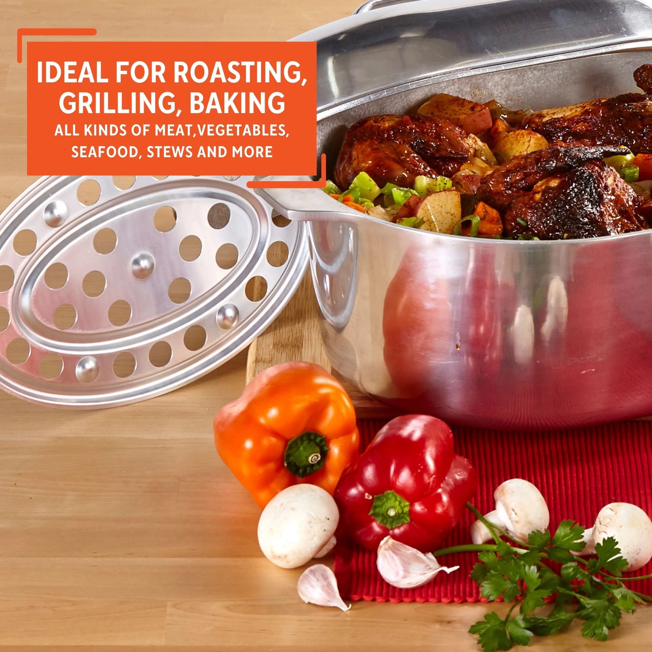 Cast Aluminum Oval Roaster Pan with Lid and Roasting Tray D325
