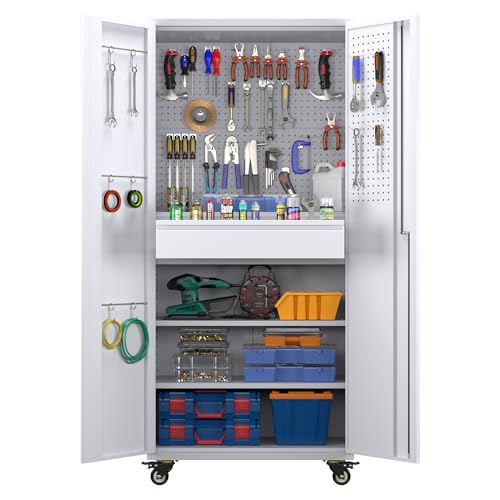 Metal Storage Cabinet with Wheels, 73" H, Locking Doors and Adjustable Shelves C8462