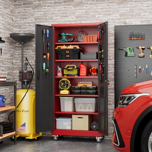 Metal Storage Cabinet with Wheels, 73" H, Locking Doors and Adjustable Shelves C8462