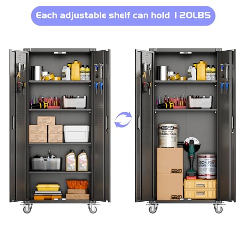 Garage Storage Cabinet with Wheels, 72" H, 2 Doors, 4 Adjustable Shelves, Black Q104