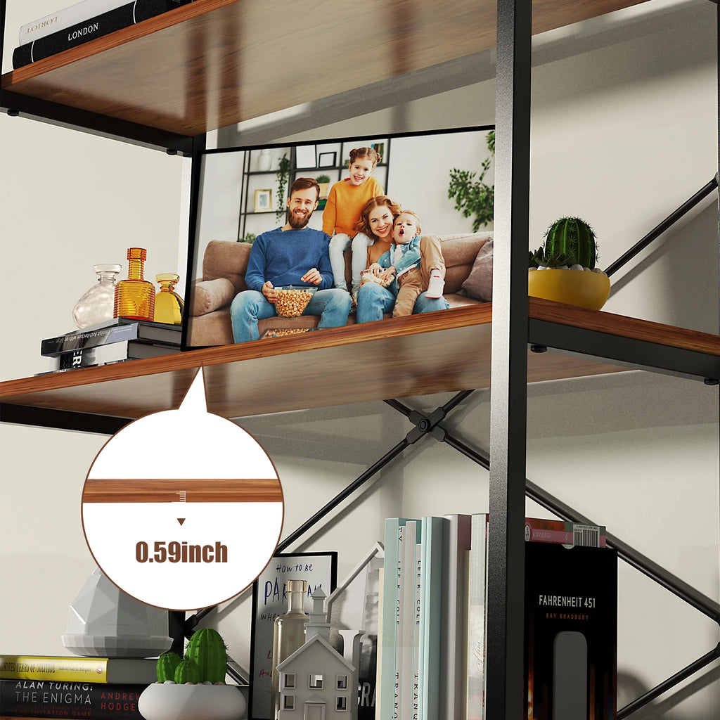 5-Tier Tall Bookcase, Rustic Wood and Metal Open Shelf Unit P380