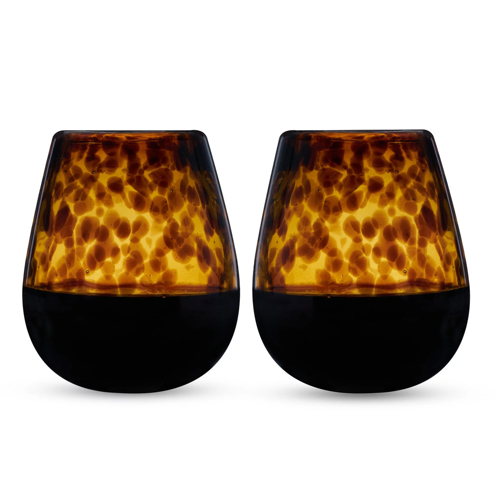 Tortoise Shell Stemless Wine Glasses Set - Hand Blown Recycled Glass, 13oz, Set of 2 S726