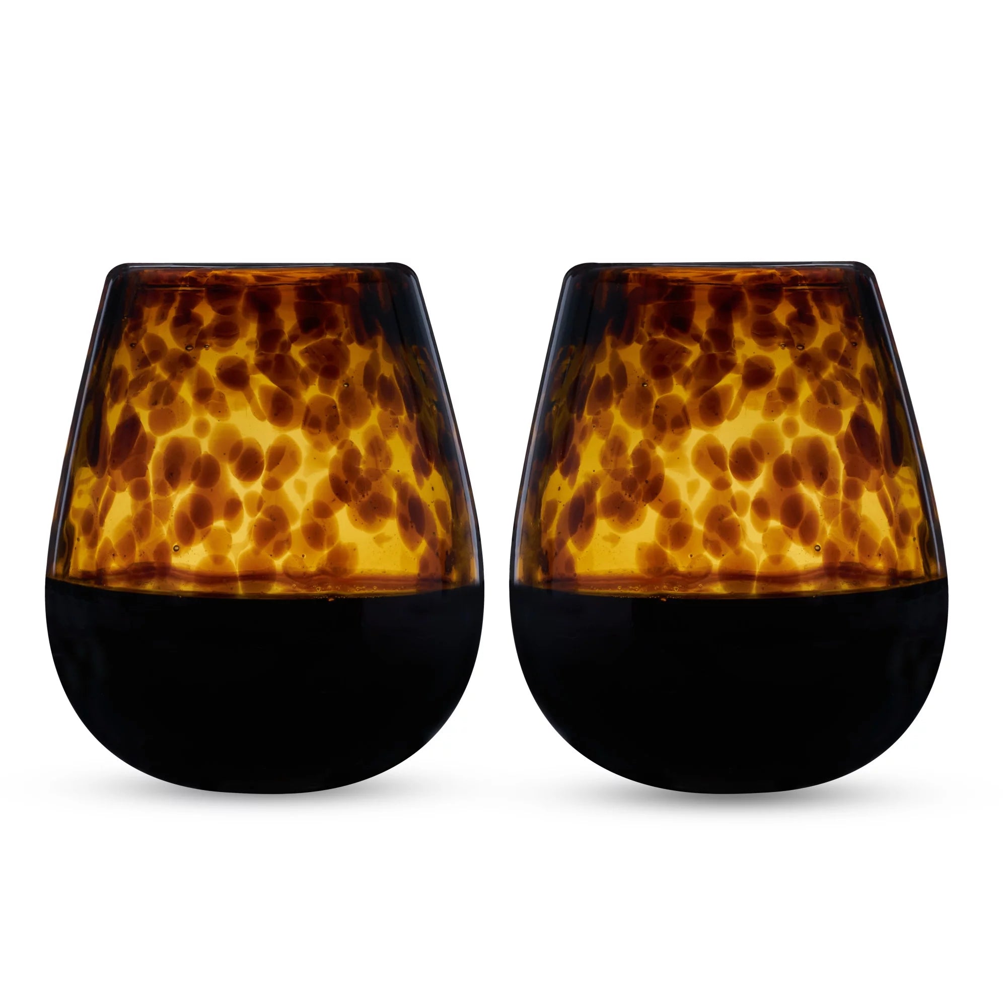 Tortoise Shell Stemless Wine Glasses Set - Hand Blown Recycled Glass, 13oz, Set of 2 S726