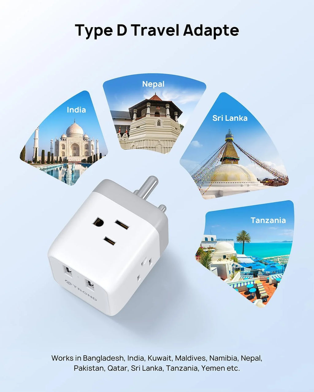 US to India Plug Adapter with 2 USB Ports and 3 Outlets C86770
