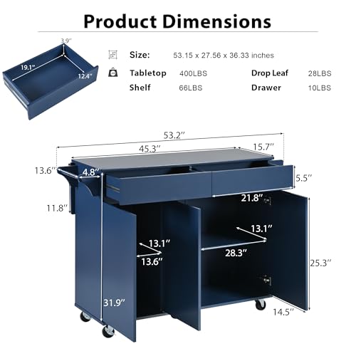 Large Kitchen Island with Drop Leaf, Rolling Cart, Power Outlet R822