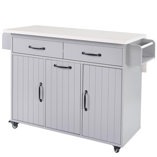 Farmhouse Kitchen Island with Drop Leaf, Barn Door and Wheels O34026