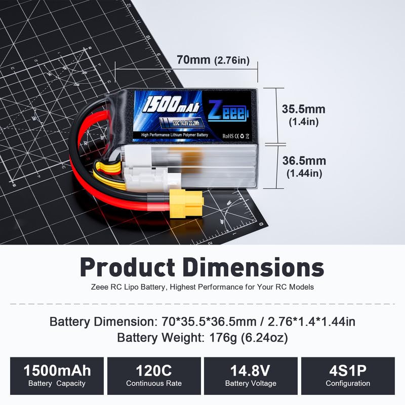 4S Lipo Battery 1500mAh 14.8V 120C with XT60 Plug for RC Models (2 Pack) F334