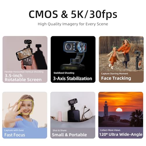5K Handheld Camera with 3-Axis Gimbal Stabilizer, Rotatable Touchscreen, IR Night Vision, 64G Card W8862