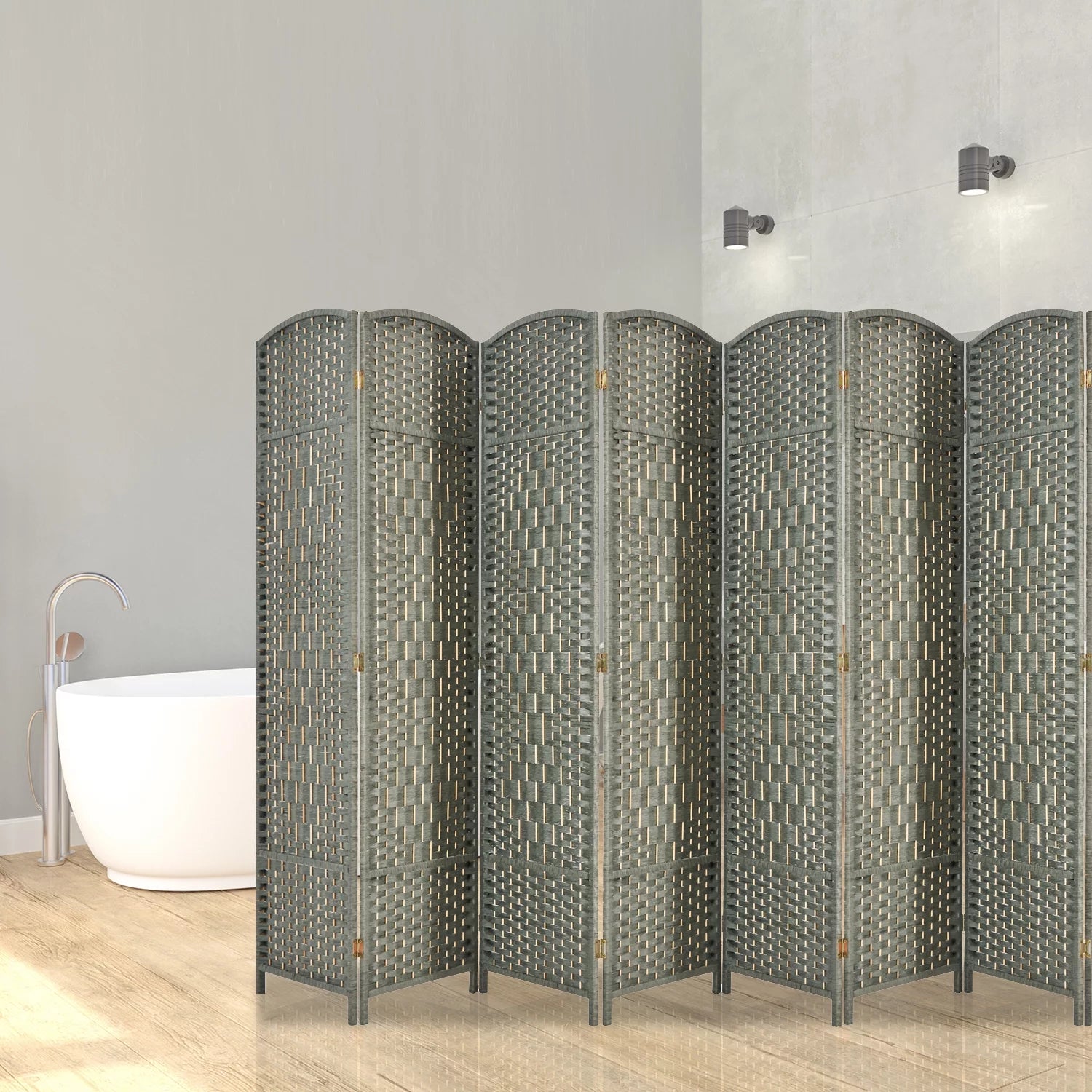 5.7ft Wood Fiber Woven Room Divider 8 Panels, Foldable Grey I3023