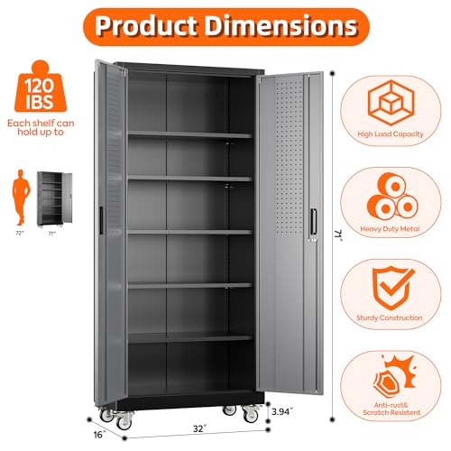 Metal Storage Cabinet with Wheels, 73" H, Locking Doors and Adjustable Shelves C8462