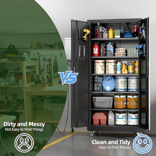Garage Storage Cabinet with Wheels, 72" H, 2 Doors, 4 Adjustable Shelves, Black Q104