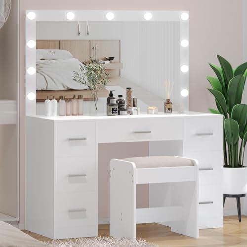 Vanity Desk with Stool, Lighted Mirror, 3 Color Modes, Adjustable Brightness, Drawers, White S703720