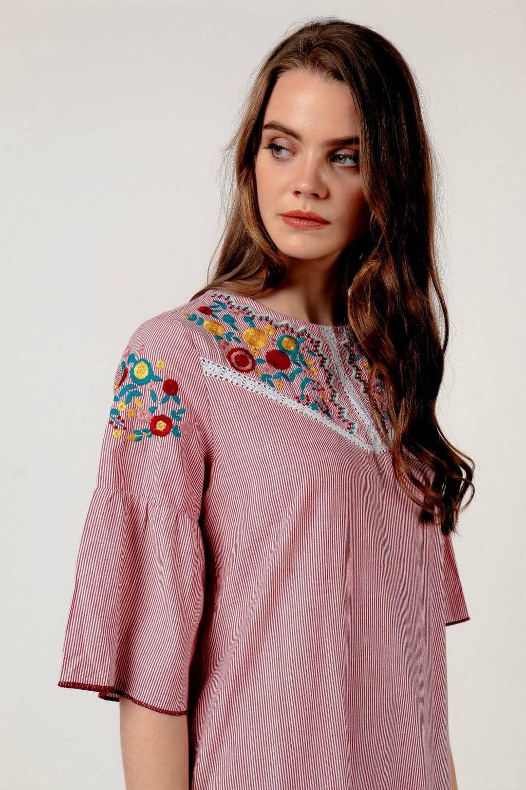 Striped Embroidered Cotton Summer Dress Red White N369357