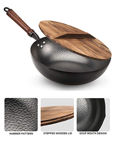 Carbon Steel Wok Pan with Lid, 12.5 Inch, Flat Bottom for All Stoves S143321