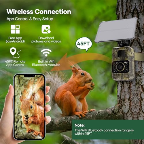 Solar Trail Camera 48MP 30FPS, WiFi Bluetooth Game Camera with Night Vision, IP66 Waterproof B4379