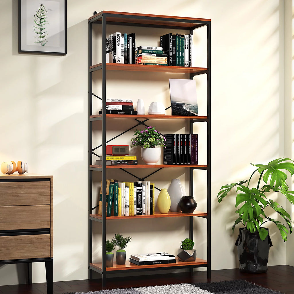 5-Tier Tall Bookcase, Rustic Wood and Metal Open Shelf Unit P380