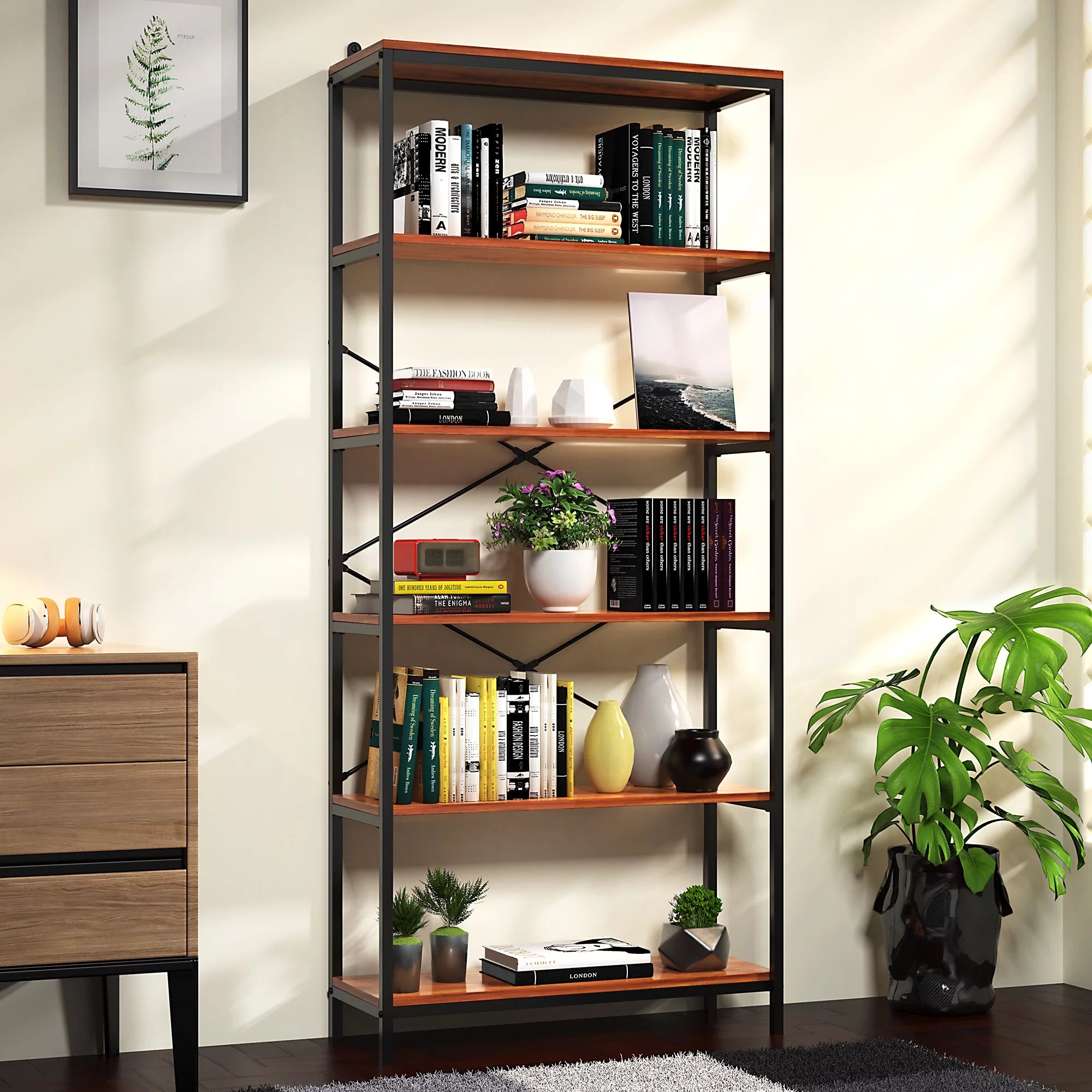 5-Tier Tall Bookcase, Rustic Wood and Metal Open Shelf Unit P380
