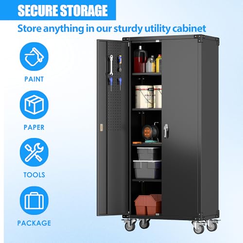 Metal Storage Cabinet with Wheels, 73" H, Locking Doors and Adjustable Shelves C8462
