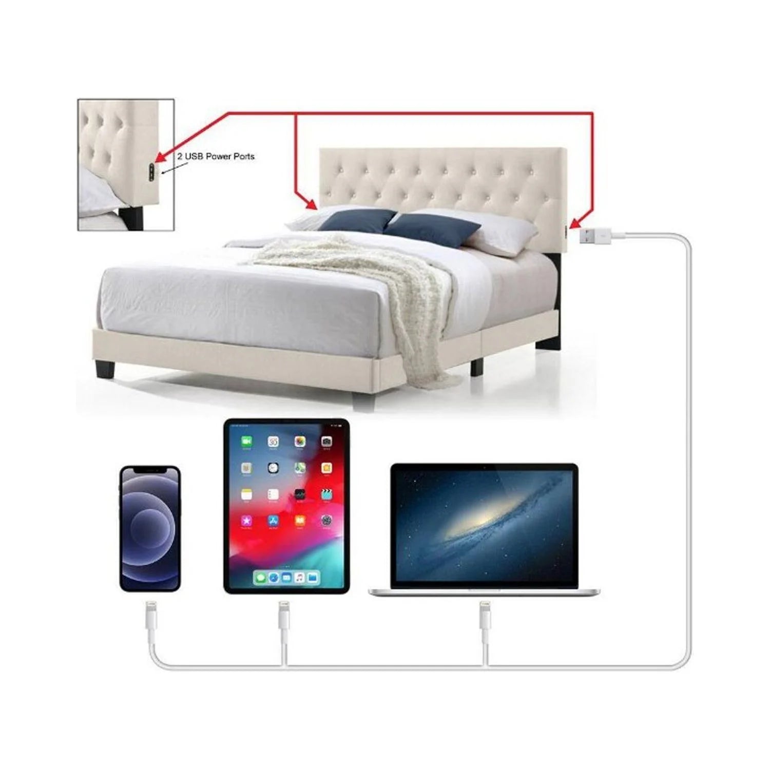 Linen Bed with USB Power Connection, Beige - Twin Size U219943