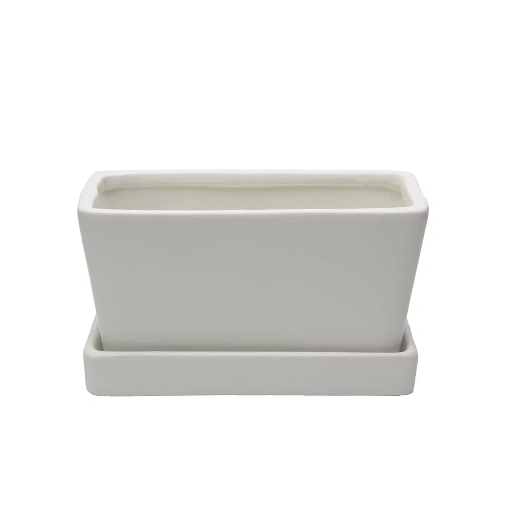 White Rectangular Ceramic Succulent Planter with Drainage Hole and Tray N54336