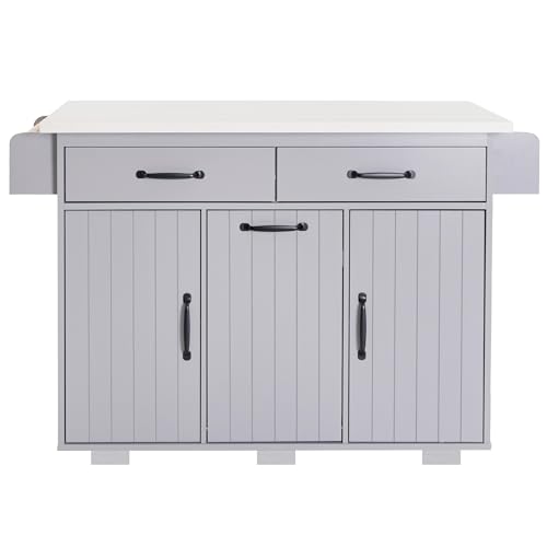Farmhouse Kitchen Island with Drop Leaf, Barn Door and Wheels O34026