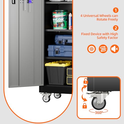 Metal Storage Cabinet with Wheels, 73" H, Locking Doors and Adjustable Shelves C8462