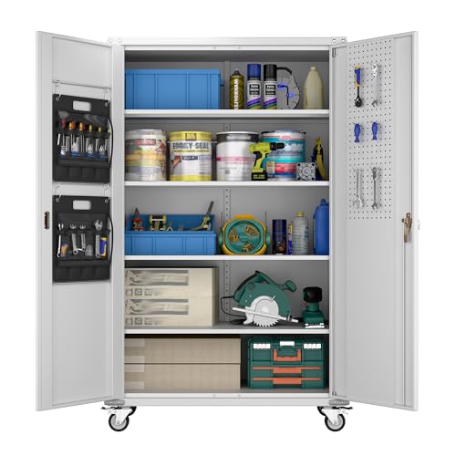 Garage Storage Cabinet with Wheels, 72" H, 2 Doors, 4 Adjustable Shelves, Black Q104