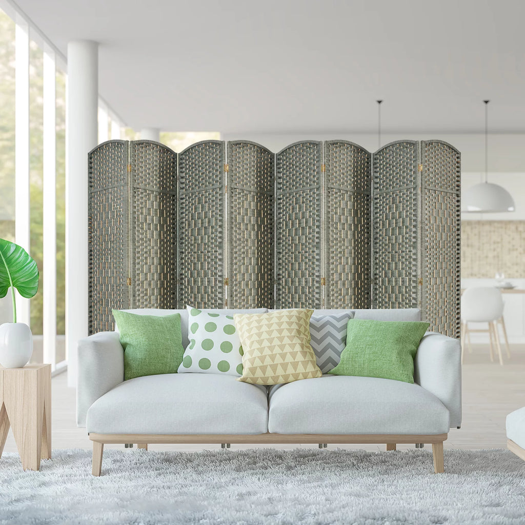 5.7ft Wood Fiber Woven Room Divider 8 Panels, Foldable Grey I3023