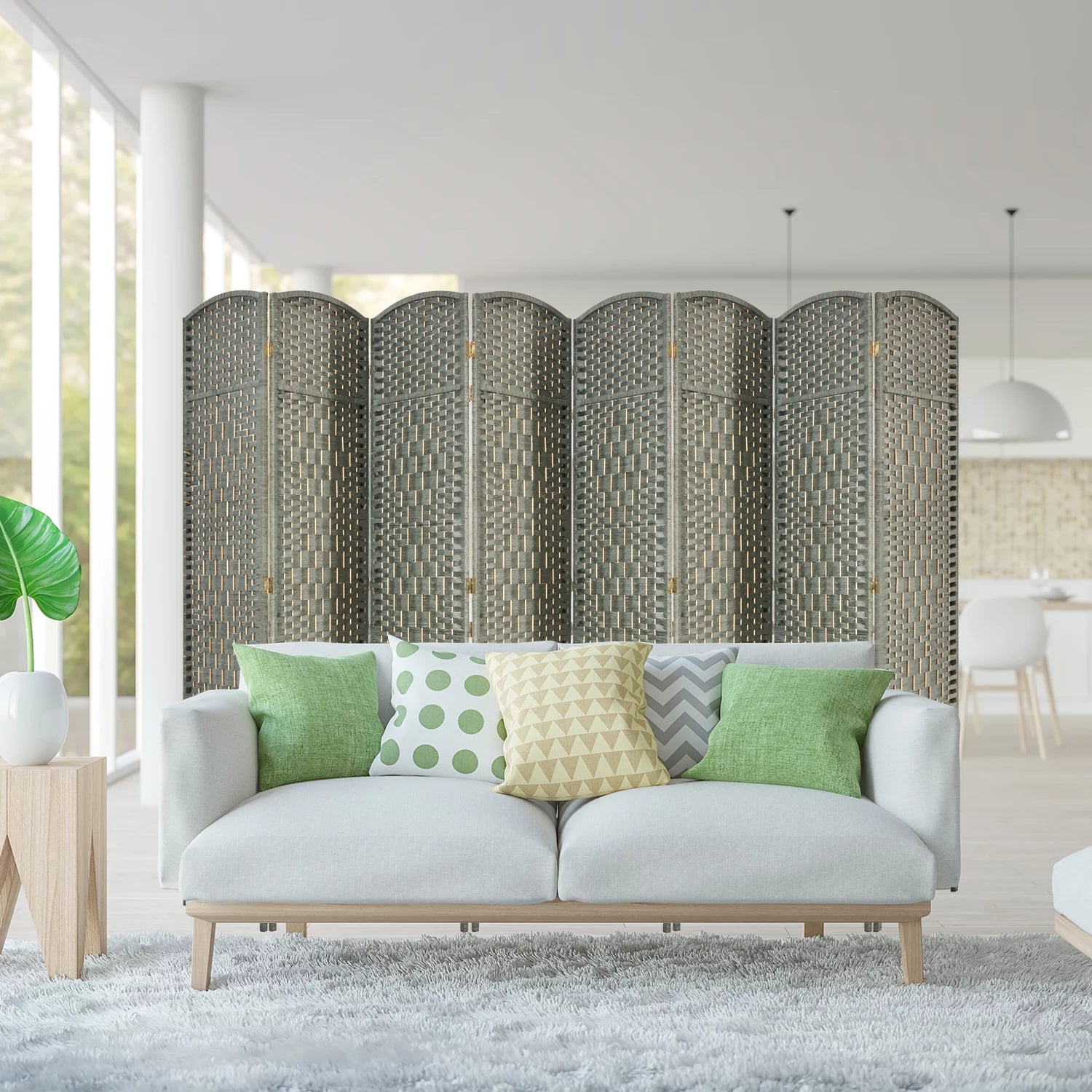 5.7ft Wood Fiber Woven Room Divider 8 Panels, Foldable Grey I3023