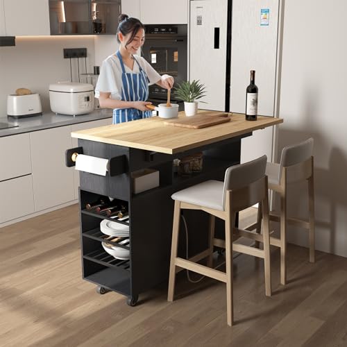 Rolling Kitchen Island Cart with Drop Leaf Countertop and Storage D32375
