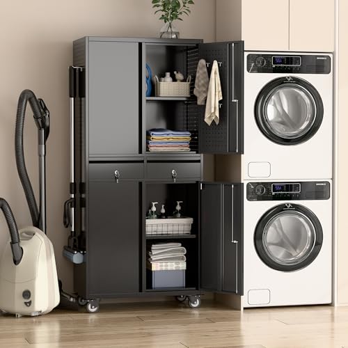 Metal Storage Cabinet with Wheels, 73" H, Locking Doors and Adjustable Shelves C8462
