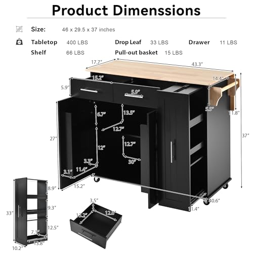 Large Kitchen Island with Drop Leaf, Rolling Cart, Power Outlet R822