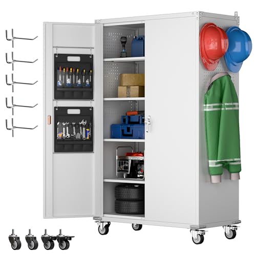 Metal Storage Cabinet with Wheels, 73" H, Locking Doors and Adjustable Shelves C8462